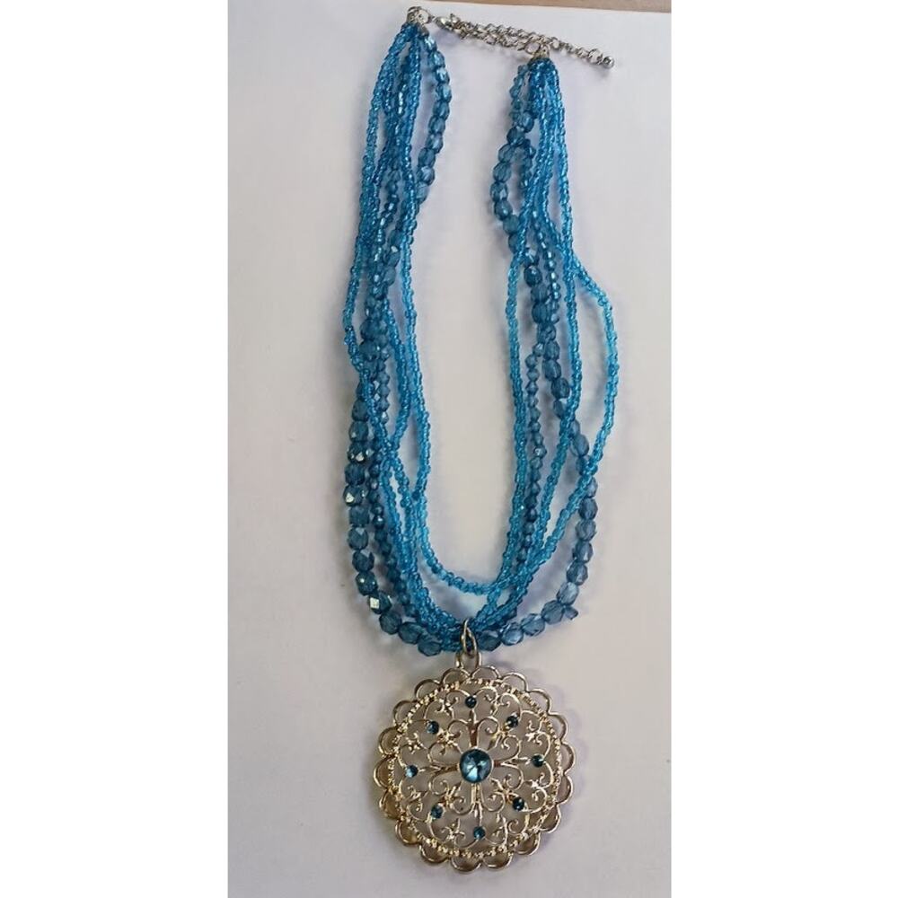 Vintage Strands of Blue Glass Beads Silver-Plated Filigree Pendant 18.5"